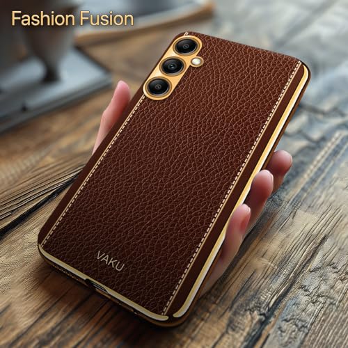Image of Vaku Luxos Luxemberg Back Cover Case for Samsung Galaxy A14 5G with Leather Pattern Design Gold Electroplated Soft TPU Cover| Shockproof Protective Case - Brown