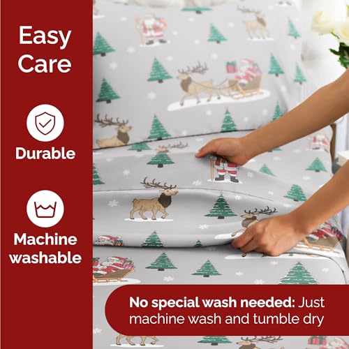 Split King Christmas Santa’s Sleigh Sheet Set - Holiday Xmas Pattern Bedding Set - Deep Pockets - Snug Fit - 5 Piece - Wrinkle Free - Cozy Festive Winter Holiday Sheets for Women, Men, Kids & Teens