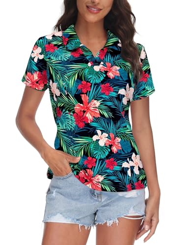 MNLYBABY Womens Golf Polo Shirts Hawaiian Golf Shirt Cool Summer Hawaii Tops Floral Tropic Print Workout Short Sleeve Tee