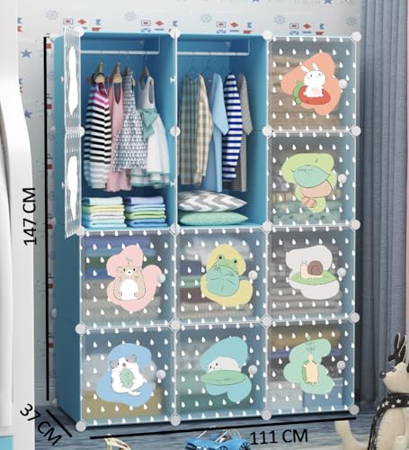 Image of Sunderlook Plastic Wardrobe for Kids Clothes - Collapsible Wardrobe, DIY Foldable Baby Almirah for Clothes, Heavy Duty Freestanding Storage Baby Cupboard for Kids (Blue-KTI2, 12 Door)