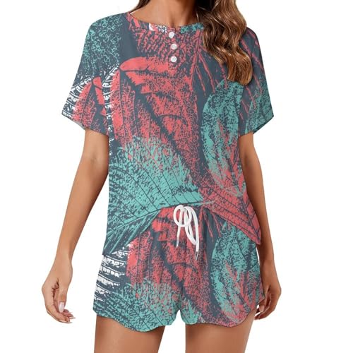 Pyjama femme manches courtes imprimé feuille verte en coton léger pour l'été