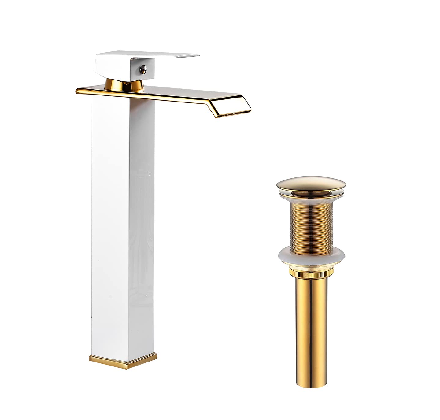 Nfusrxmbk White/Gold Bathroom Vessel Sink Faucet Waterfall Single Handle One Hole Bowl Sink Faucet Vanity Lavatory Faucets Bath Pop Up Drain Stopper Without Overflow Drain Assembly