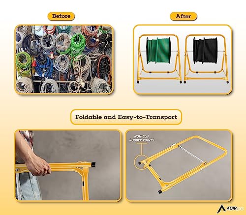 Image of AdirPro Rugged Single Axle Cable Caddy - Industrial Grade Steel Wire Dispenser - Easy Use Cable Holder & Distribution for Workplace Efficiency (Yellow)