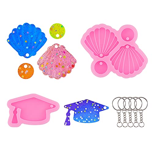 Xhwykzz 5Pcs Moules Porte-clés en Résine de Silicone avec 5Pcs Porte-clés, Trois Formes de Moules en Silicone pour Résine Epoxy Cover