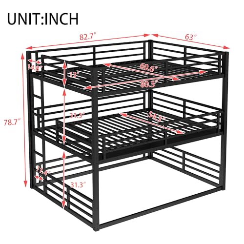 Image of Queen Over Full XL Over Queen Bunk Bed, Metal Triple Bunk Bed with Safety Guardrails, Modern Bed Frame for Kids, No Box Spring Required, Black