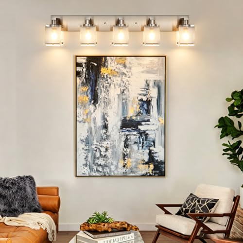 Image of 5-Light Bathroom Vanity Light Fixtures, Modern Brushed Nickel Vanity Lights Over Mirror with Frosted Glass Shades, Rust-Proof Bathroom Wall Sconces for Bathroom Lighting, E26 Base