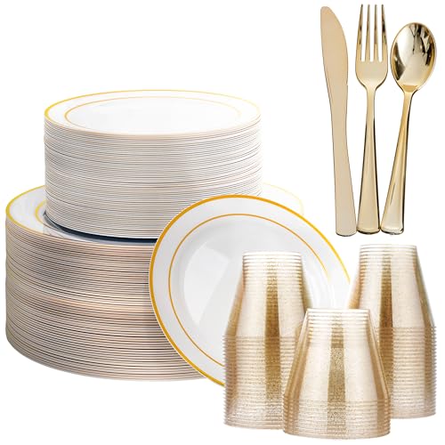 MATANA 360 Pcs Reusable White & Gold Plastic Dinnerware Set for 6...