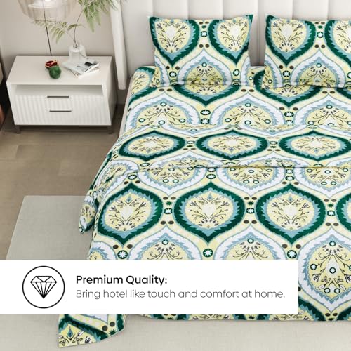 Image of Rivermoor 200 TC Ultrasoft Cotton Bedsheet for Double Bed | Queen Size Bed Sheet with 2 Pillow Covers | Green Floral Print | 88 x 96 Inches | Breathable & Hypoallergenic