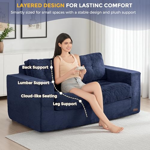 Image of MAXYOYO Loveseat Sofa Couch, Upholstered Bean Bag Chair Cloud Seat for Adults, Boneless Couch with Cushion & Pillows, Sofa in A Box, No Assembly Required, Corded Navy, 2-Seat
