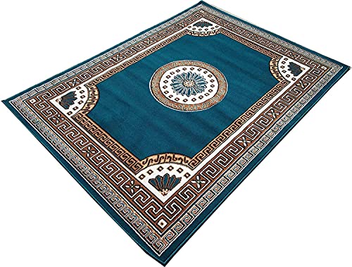 Image of Gold Area Rug with Greek Key Border and Floral Centre (Blue, 6x8) | Living Room & Bedroom, Classic & Modern Decor, Easy to Clean, Soft Pile Design, Fits Under Furniture