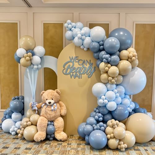 Image of HILAVO Dusty Blue Balloons 12 Inch Pastel Fog Blue Slate White Sand Metallic Gold Confetti Party Balloons Light Baby Blue White Gold Latex Balloon for Boy Baby Shower Birthday Wedding Party Decoration