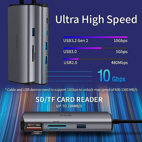 Image of SSK 10Gbps USB-C Hub, HDMI 4K 60Hz Dock with Ethernet, USB3.2, 10 in 1 Docking Station Multiport Adapter for USB C MacBook /Laptops, Grey