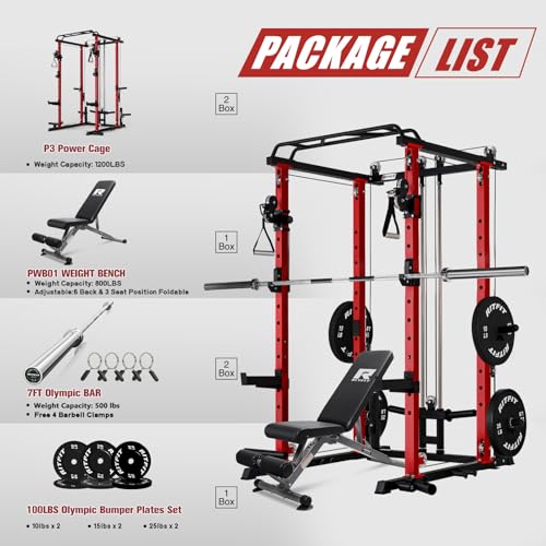 Image of RitFit Multi-Function Garage & Home Gym Package Includes 1200LBS Power Cage PPC03 /P3 with Cable Crossover System, Weight Bench, Olympic Barbell Weight Set, Full Body Workout