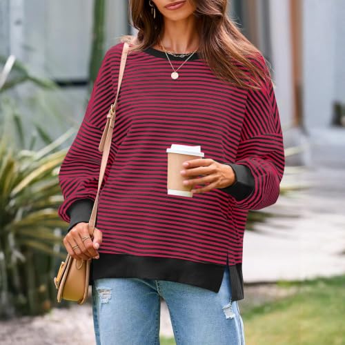 Striped Sweatshirt for Women Crewneck Long Sleeve Split Pullover Tunic Tops - image 5