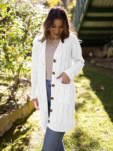 Image of PRETTYGARDEN Long Sleeve Cable Knit Long Cardigan for Women 2026 Spring Winter Chunky Open Front Button Sweaters with Pockets