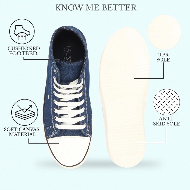 Image of FAUSTO Men's Mid Top Star Toe Cap Upper Denim 8-Eye Lace Up Canvas Sneakers Shoes