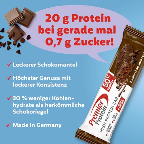 Premier Protein - High Protein Bar 50% - Double Chocolate Cookie - 16x40g - Low Sugar - Low Carb - palmölfrei