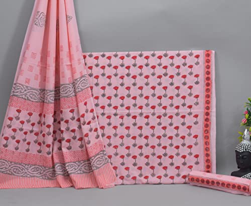 Image of NISHIRE Women's Cotton Jaipuri Hand Block Print Unstitched Suit Material with Cotton Mulmul Dupatta