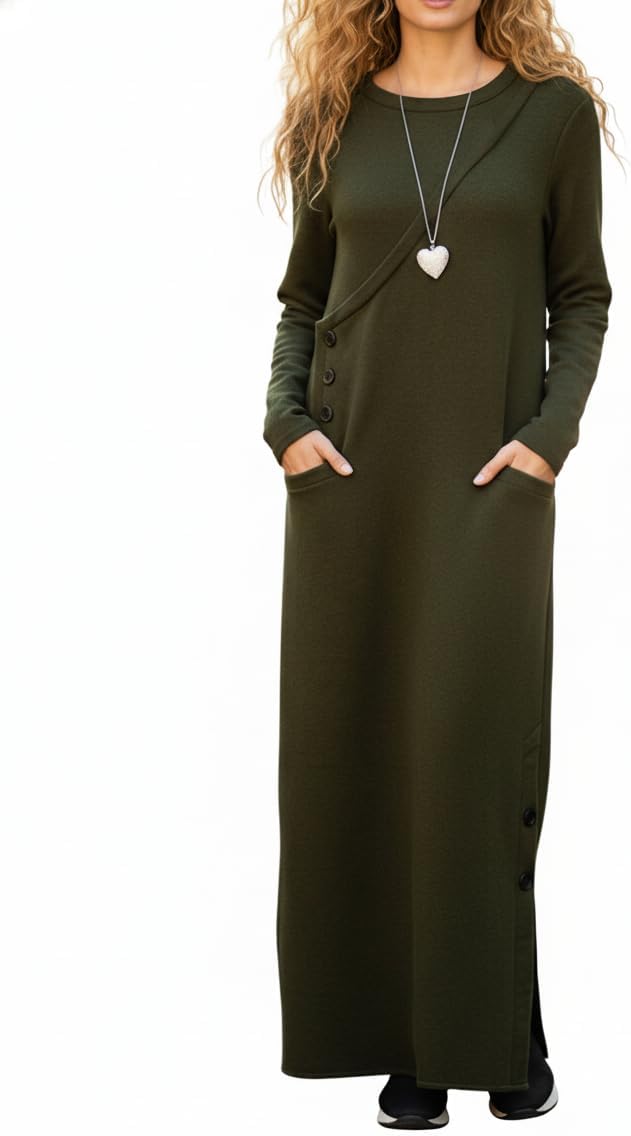 Womens Plus Size Sweatshirt Maxi Dress Casual Long Sleeve Button Side Split Comfy Pullover Long Dress