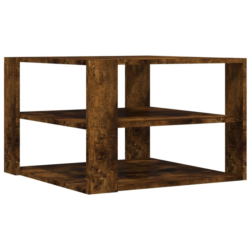 Mesa de centro de roble ahumado, 59,5 x 59,5 x 40 cm, material de madera, estante de 3 niveles, mesa de salón para bebidas, aperitivos, artículos decorativos, resistente a la humedad