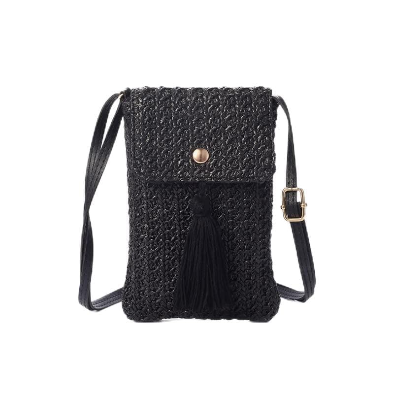 Bolsa transversal de palha, bolsa de praia de palha para mulheres, bolsa transversal de ombro único, bolsa de viagem e praia, Preto, Preto