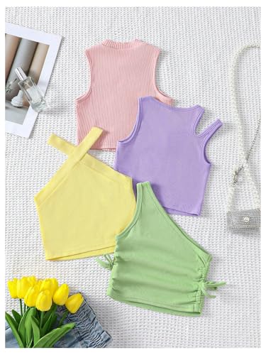 Image of OYOANGLE Toddler Girl's 4 Pack Ribbed Knit Crop Tank Tops Set One Shoulder Summer Camisole