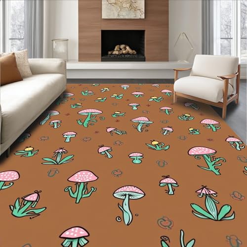 ODIKA Flatwoven High Traffic Area Rug 6x9, Surreal Mushroom Garden with Whimsical Bee Motifs and Boho Accents, Non Slip, Stain Resistant, Washable Area Rugs for Living Room, Bedroom (Brown, 6x9, Pad)