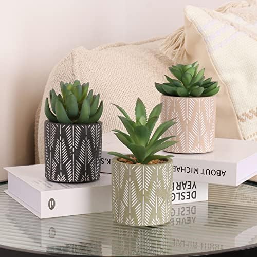Nisoger Artificial Succulent Plants in Pot for Home Decor Indoor, Fake Succulents Plants with Boho Farmhouse Style Ceramic Potted for Office, Desk, Shelf, Tray, Bathroom, Living Room Decoration 3PK
