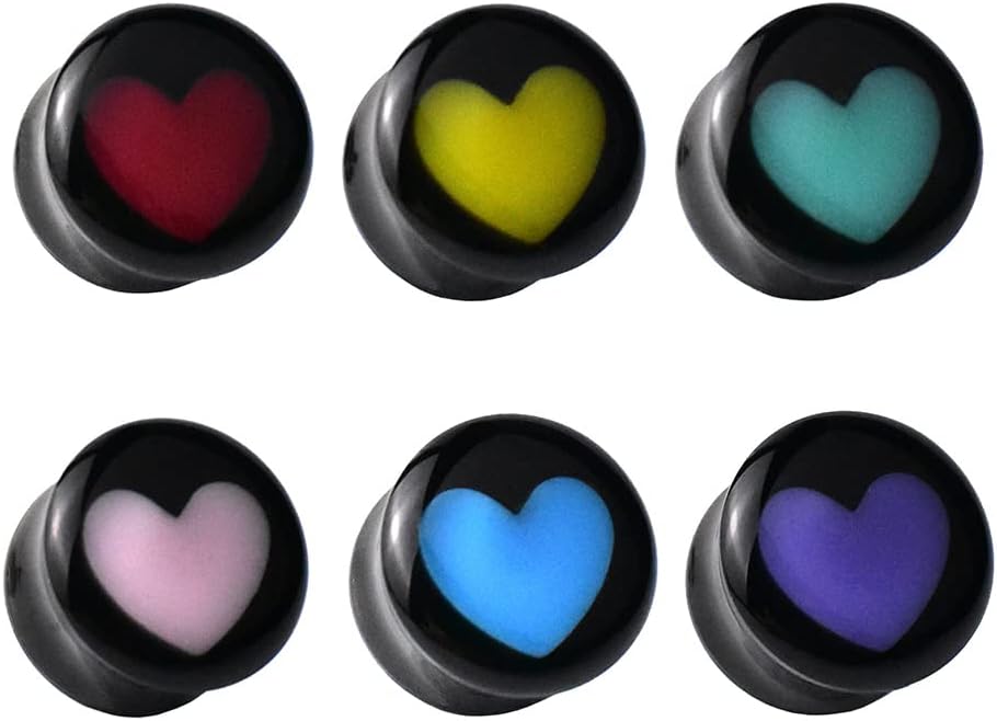 12Pcs/6pair Black Acrylic Ear Gauges Tunnels and Plug Heart-shaped Ear Expander Studs Stretching 6mm to 42mm