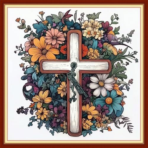 Image of Joyhoor Cross Stitch Kits for Beginners Stamped Cross-Stitch Supplies Needlework preprint Embroidery Kits for Adults DIY Needlepoint Kits Embroidery Patterns 11CT-Cross Flowers 18x18 inchs