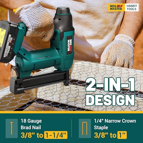 Image of NEU MASTER Nail Gun Cordless with Battery Powered - 18 Gauge 2 in 1 Brad Nailer /Staple Gun, 20V Max. 2.0Ah Battery & Charger, 800 Nails & 200 Staples Included