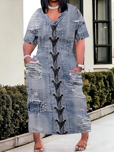 Image of SUZONANA Plus Size Denim Print Maxi Dresses for Women Casual V Neck Short Sleeve with Pockets Soft Jean Look Dress XL-6XL