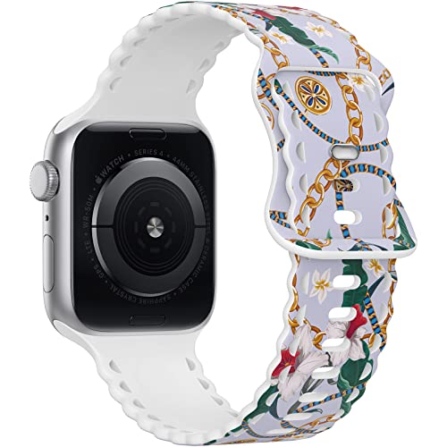 Image of Compatible with Apple Watch Band 41mm 40mm 38mm 49mm 45mm 44mm 42mm Women Girl, Rich Print Lace Hollow-out Soft Silicone Sport Bands For iWatch Ultra SE Series 10 9 8 7 6 5 4 3 2, Rich-42