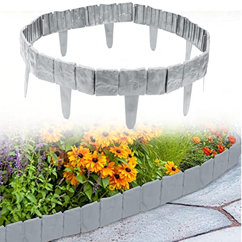 Jiubiaz Rasenkante Kunststoff 2.5M Grau Steinoptik Garden Border aus Polypropylen Mähkante Beetumrandung Palisade Garten dekorativ 1 Element BxHxT: 25x23x1 cm