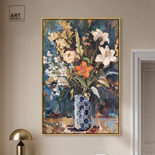 Image of Art Remedy Blue Floral Vase Canvas Floral Vase Wall Art, Gold Frame, 36 inch x 54 inch
