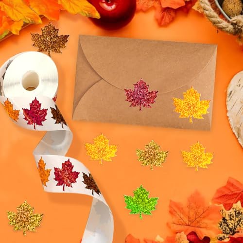 Image of 500Pcs Fall Thanksgiving Leaf Stickers 1.5in Maple Leaf Decals 5 Colors Holographic Self Adhesive Label Leaves Stickers Roll for Autumn Party Cards Seal Envelopes Supplies Decor