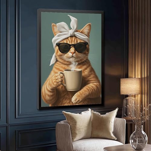 Poster chat orange buvant du café idéal pour égayer un mur vide