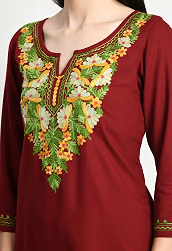Image of QAZMI Women's Rayon Cotton Keyhole Neck Three-Quarter Sleeves Kashmiri Embroidered Straight Kurta