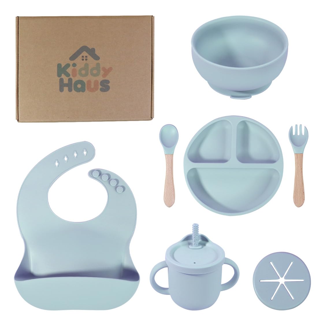 Kiddy Haus - Juego de alimentación de silicona para bebés (sin BPA, 9 unidades), incluye utensilios para autoalimentación, plato con ventosa dividido, tazón, babero, taza de entrenamiento, cuchara, tenedor, color azul.