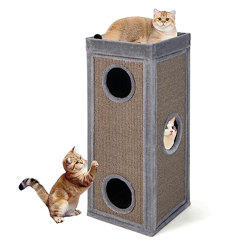 COSTWAY 4-stöckige Katzentonne, Kratzbaum mit Kratzbrett, 3 Katzenhöhlen & Kissen, Spieltonne für Katzen bis 25 kg, Katzenkratzbaum mit Höhlen,...