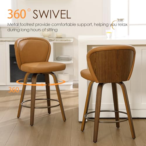 Image of HNY Swivel Counter Height Bar Stools Set of 6, 26 Inch Barstools with Wanlut Wooden Leg and Back, Faux Leather Upholstered Counter Stools for Kitchen Island, Brown