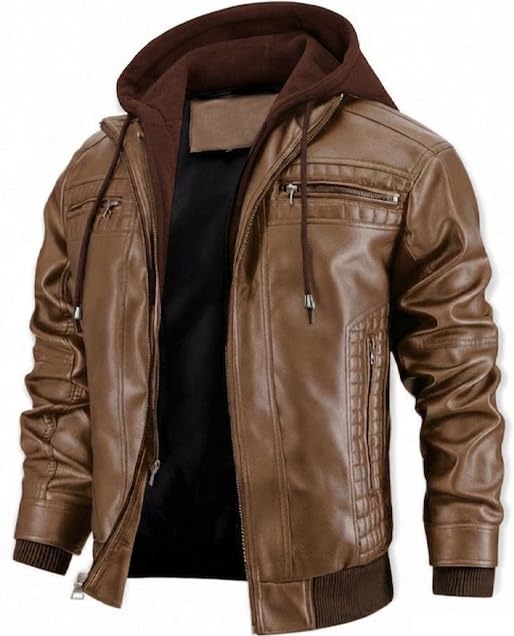 Image of INVACHI Men's Faux Leather Motorcycle Bomber Jacket with Removable Hood