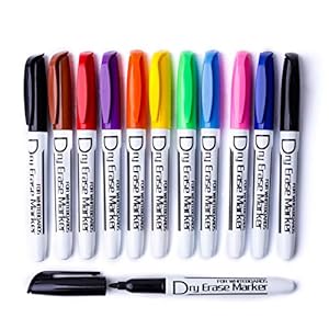 Volcanics Dry Wipe Pens Whiteboard Markers Dry Erase Pens Low Odor Fine TipThin Box of 12, 10 Colors