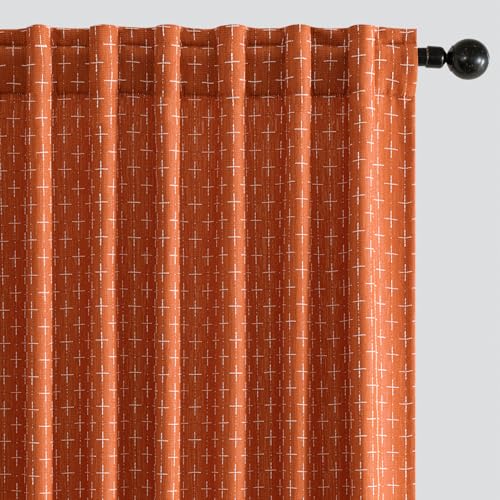 MIULEE Decorative Fall Back Tab Linen Curtains with Geometric Pattern for Living Room Bedroom Farmhouse Rustic Thick Woven Textured Patterned Mudcloth Drapes 84 Inches Long 2 Panels Set, Burnt Orange