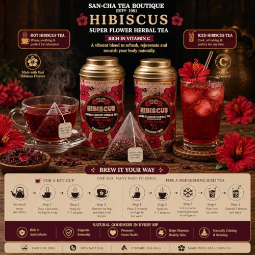 Image of Sancha Tea Boutique, Hibiscus Herbal Tisane, 25 Pyramid Bags (Pack of 2), Caffeine-Free, Real Flower Blend, Refreshing & Naturally Tart