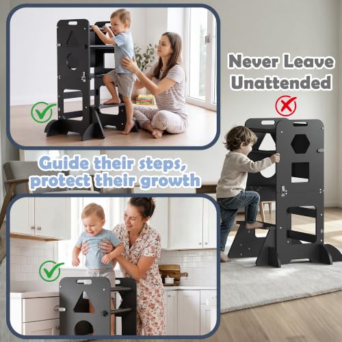 Image of Toddler Standing Tower Anti-Tip Wooden Kitchen Step Stool，Black