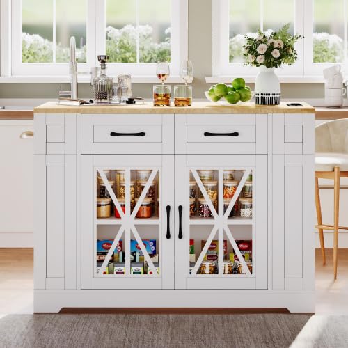 Merax Kitchen Island on Wheels with Foldable Tabletop, AC Socket & USB Port, Glass Door Storage, Adjustable Shelves, 120×65×92 cm, Rolling Kitchen Cart for Dining Room, Kitchen & Living Room