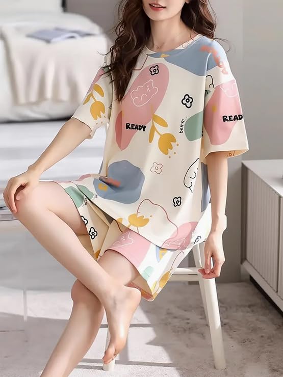 Image of Lunza Women's Cotton Blend Pajama Set, Short Sleeve T-Shirt and Shorts, Cute Bear Print Nightwear
