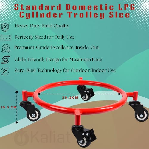 Image of Gas Cylinder Trolley with Lock Wheels - Red | Heavy Duty Steel LPG Cylinder Stand | 360 Smooth Rolling Caster Wheels (2+2 Lock) | Rust Resistant Cylinder Holder for Kitchen & Home