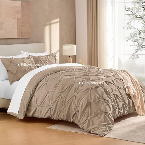 Image of Andency Full Pinch Pleat Comforter Set (79 inchx90 inch),3 Piece Lightweight Pintuck Bedding Comforters & Sets, Fluffy Down Alternative Comforter with 2 Pillow Shams for All Season,Taupe